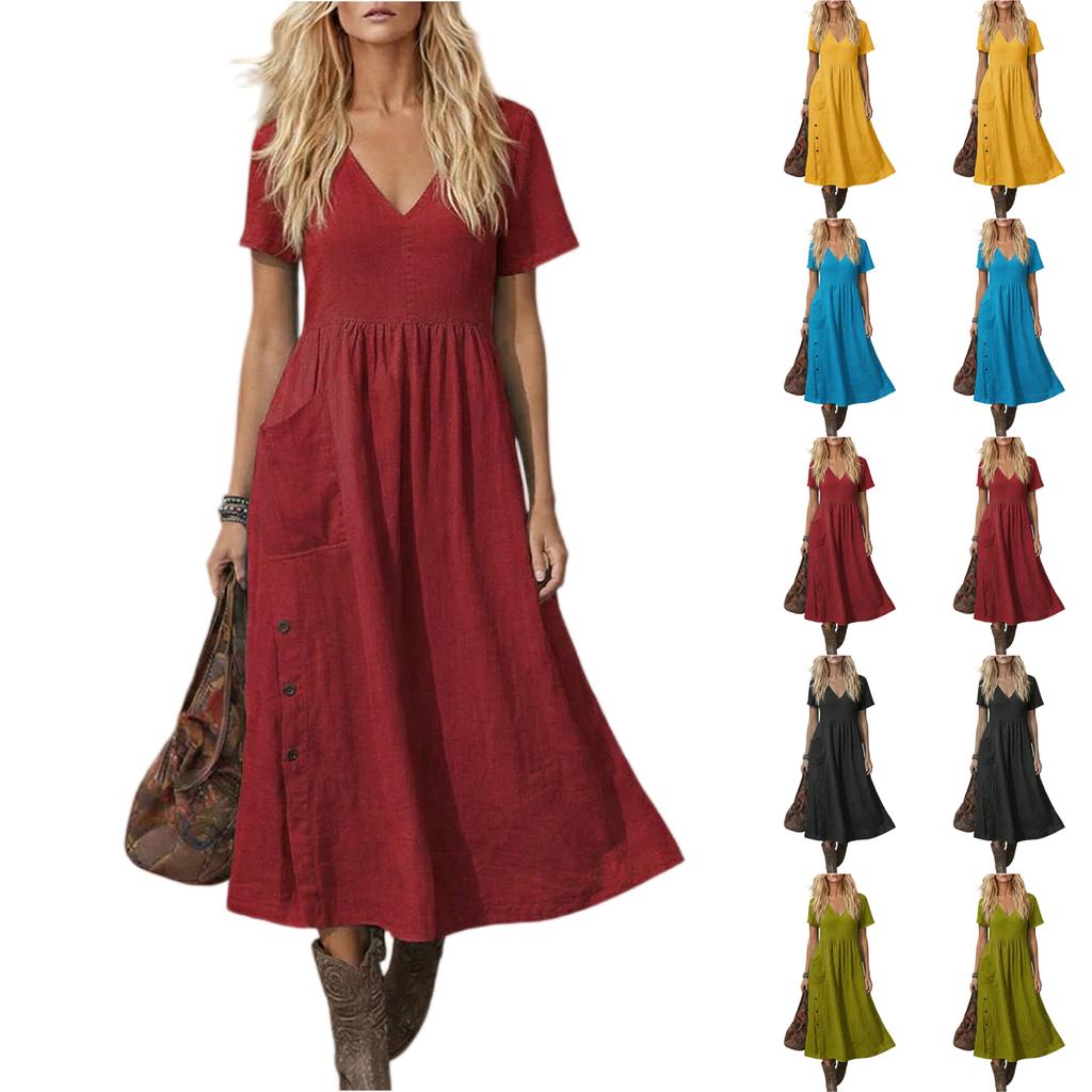 Women's V-neck Short-sleeved Mid-length Loose-fitting Dress With Pockets And Casual