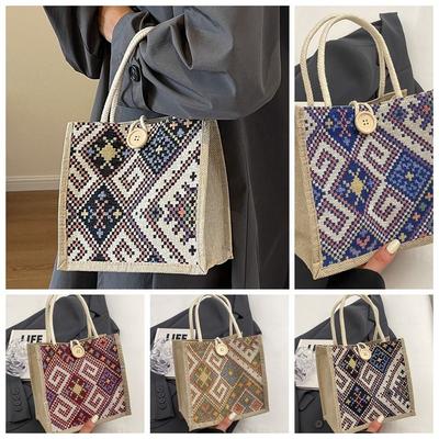 Grote capaciteit Linnen Handtas Print Printstof Lunchtas Koreaanse Etnische Stijl Canvas Tas Picknick