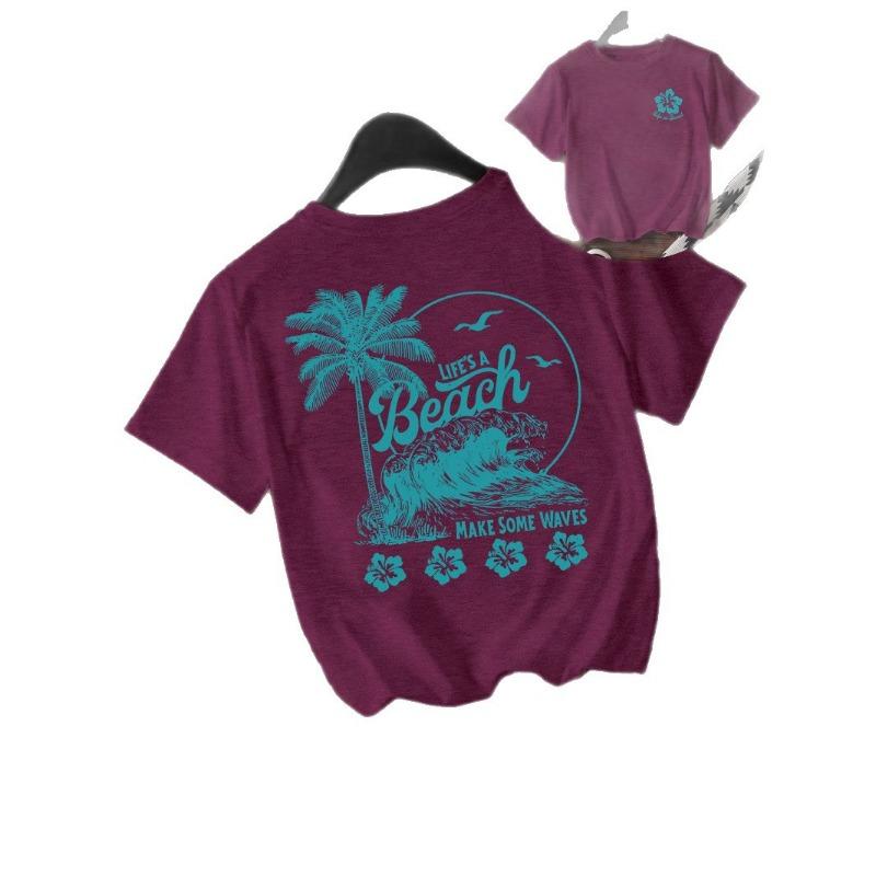 Modisches Rundhals-T-Shirt mit Strand- und Wellenprint und lockeren kurzen Ärmeln