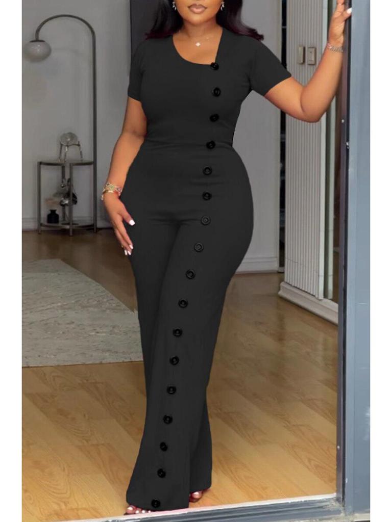 Irregular Neckline Waist-Gathering Wide-Leg Jumpsuit