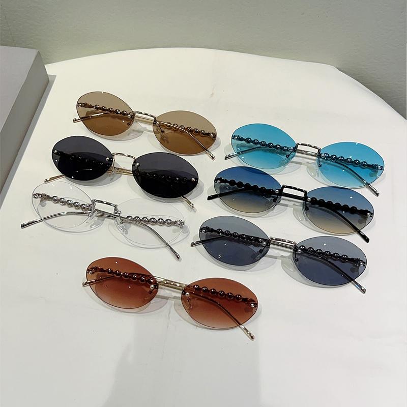 Rimless Oval Sunglasses with Pearls Women Stylish Vintage Decor Shades New Trendy Luxury Brand Design Casual Sun Glasses