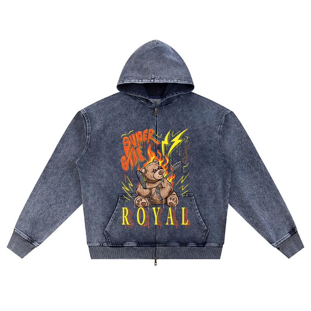 DTG Print Knitted Denim Zip-Up Hoodie Bear and Guitar Brother Print Zipper Hoodies