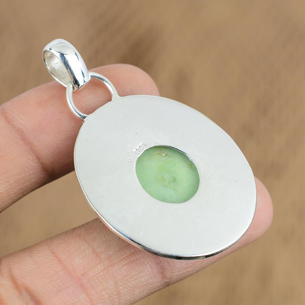 Pendentif en Pierre Précieuse Chrysoprase Brésilienne Naturelle Vert Argent Sterling 925 Bijou