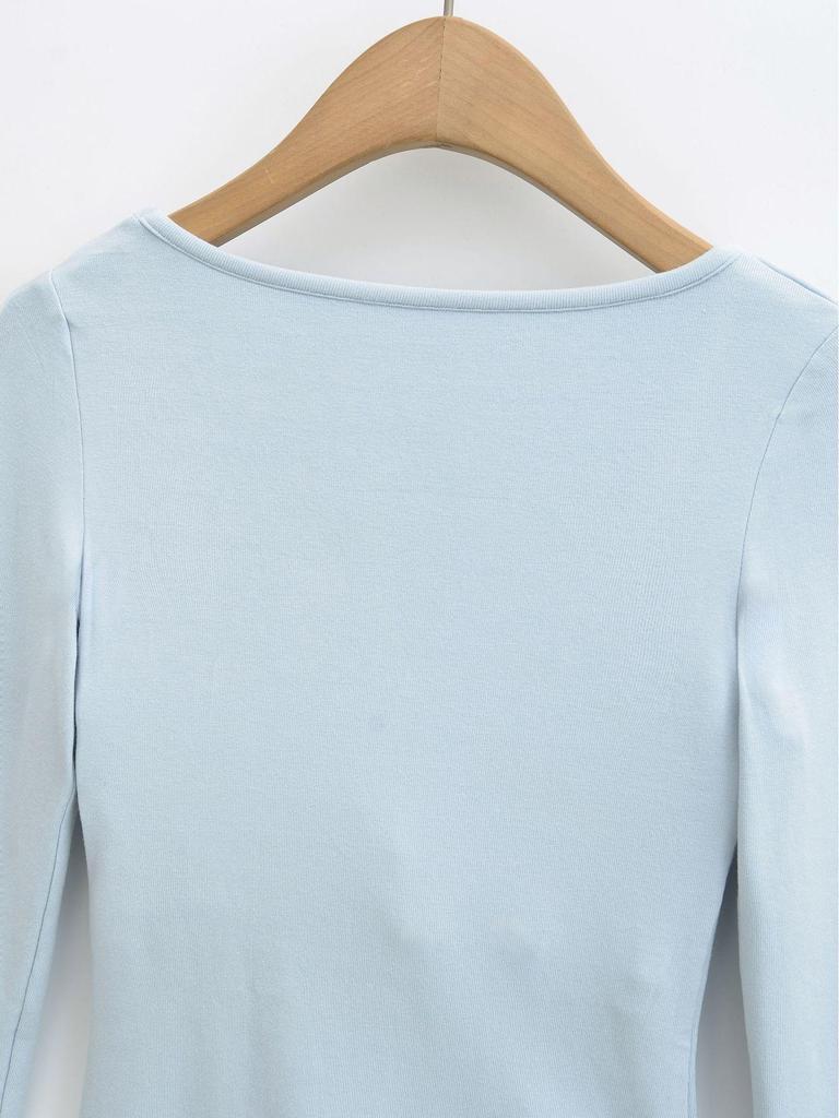2025 Autumn/Winter Women's Sexy Slim-Fit Long-Sleeve T-Shirt with Built-in Bra and U-Neck