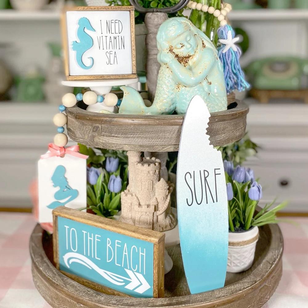 Wooden Beach Mermaid Theme Sign Tiered Tray Decoration Wood Seaside Figurines Plaque Coastal Bar Decoration Desk Ornament