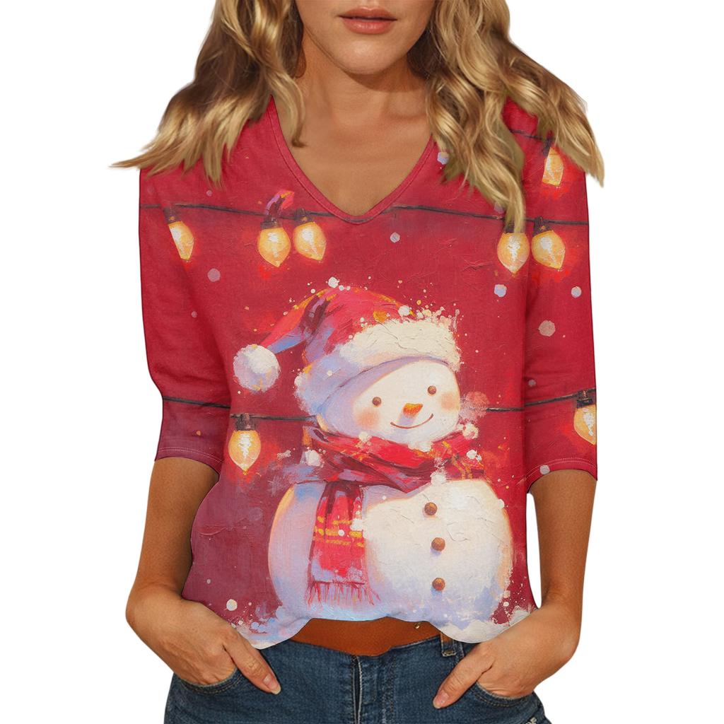 Ladies' Christmas Printed Fashionable Casual Seven Quarter Sleeved V-neck Top