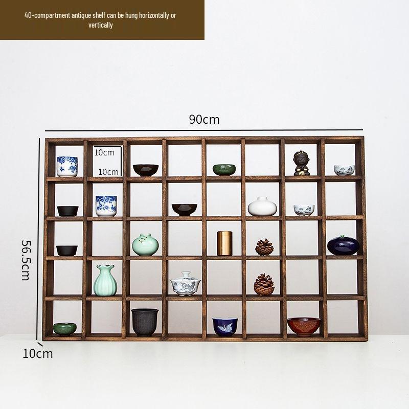 Wall-Mounted Solid Wood Curio Display Shelf – Grid Storage Rack for Teacups & Master Cups