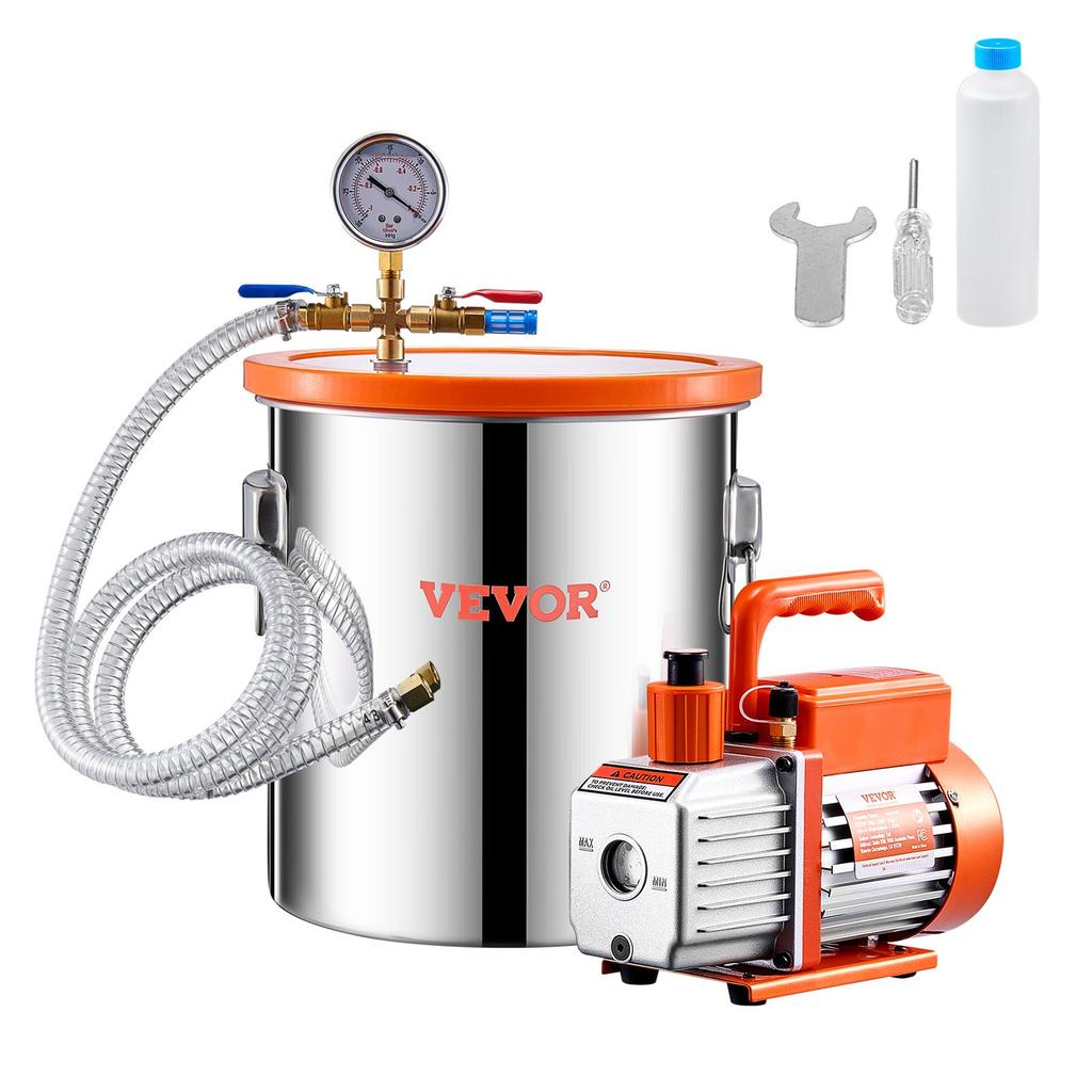 VEVOR 19 litros(5 Galones) Cámara de Vacío y 100 L/min(3.5 CFM) Kit de Bomba, Cámara de Acero Inoxidable, Kit de Cámara de Desgasificación con Bomba de Vacío de Una Etapa