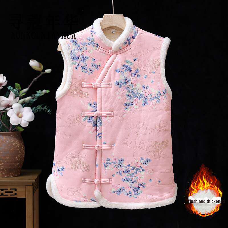Midlife Women's Fashionable Floral Winter Vest - Cozy, Thick, Velvet-Lined Cardigan for Women Aged 60+