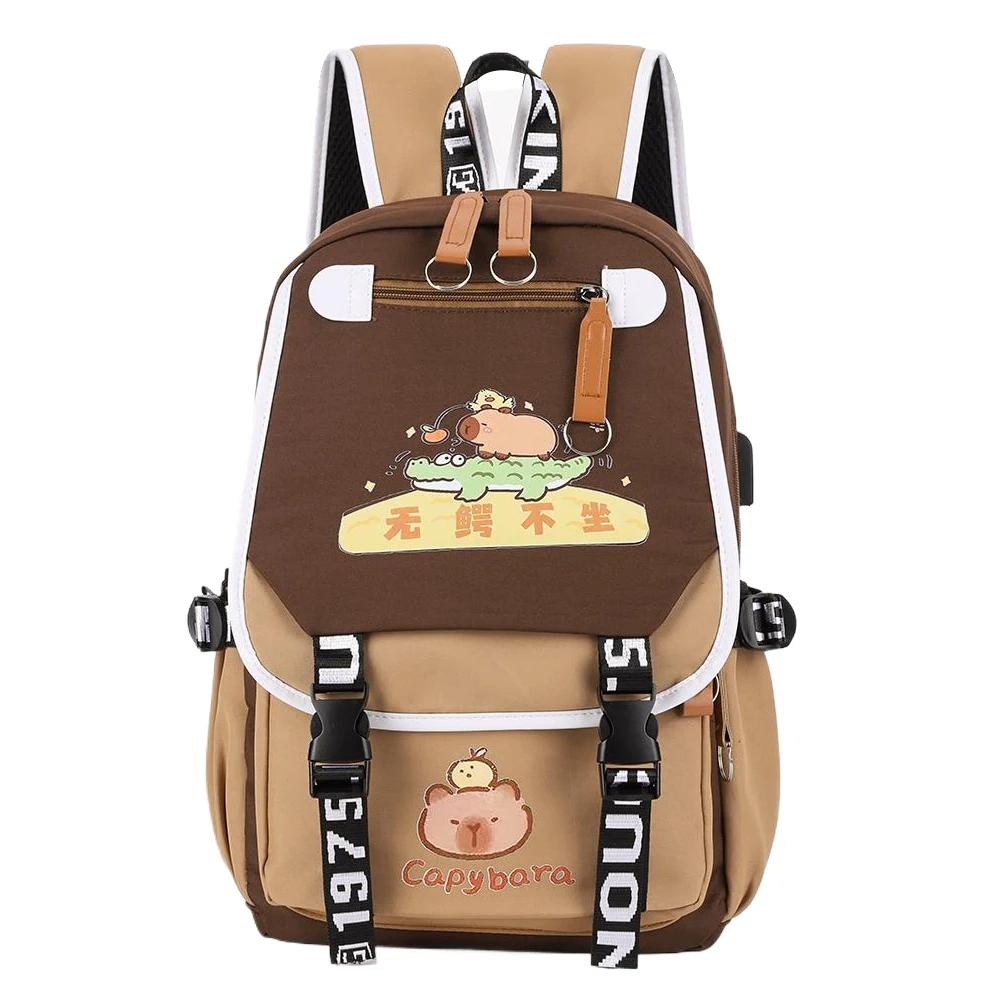 Capybara Flap Backpack with Pencil Case Fashion Casual Nylon Cute Bag Large Capacity Bookbag Animal Cartoon Daypack for Teens