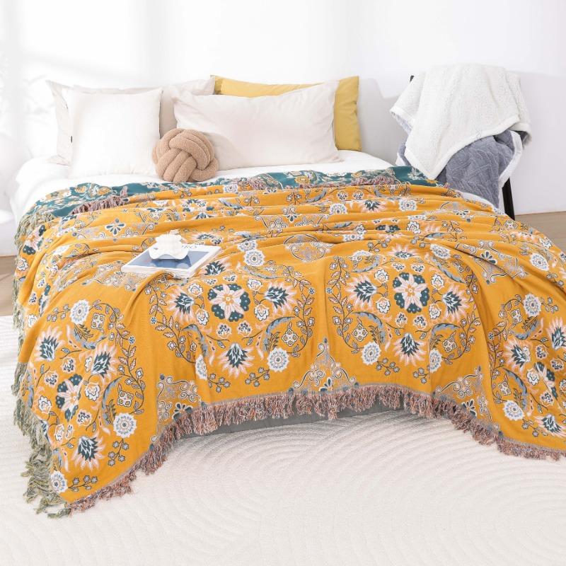 European Linen Sofa Throw with Floral Embroidery & Tassel Trim, Reversible Couch Cover Blanket for Living Room Decor - 110x210cm To 230x250cm