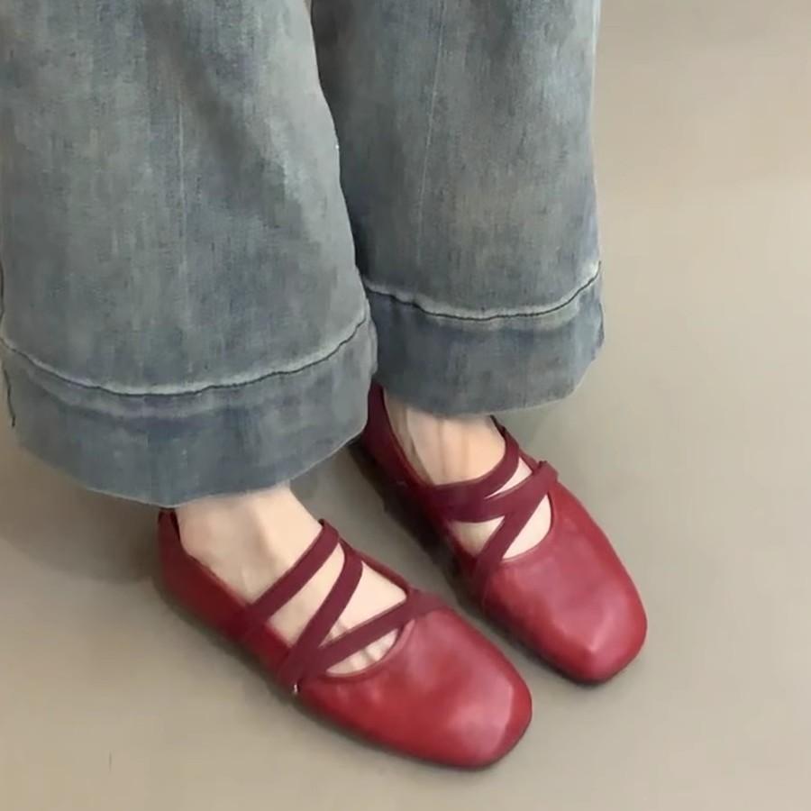Sheepskin version~ French cross-strapped red Mary Jane shoes flat single shoes women's shallow mouth evening wind fairy ballet shoes
