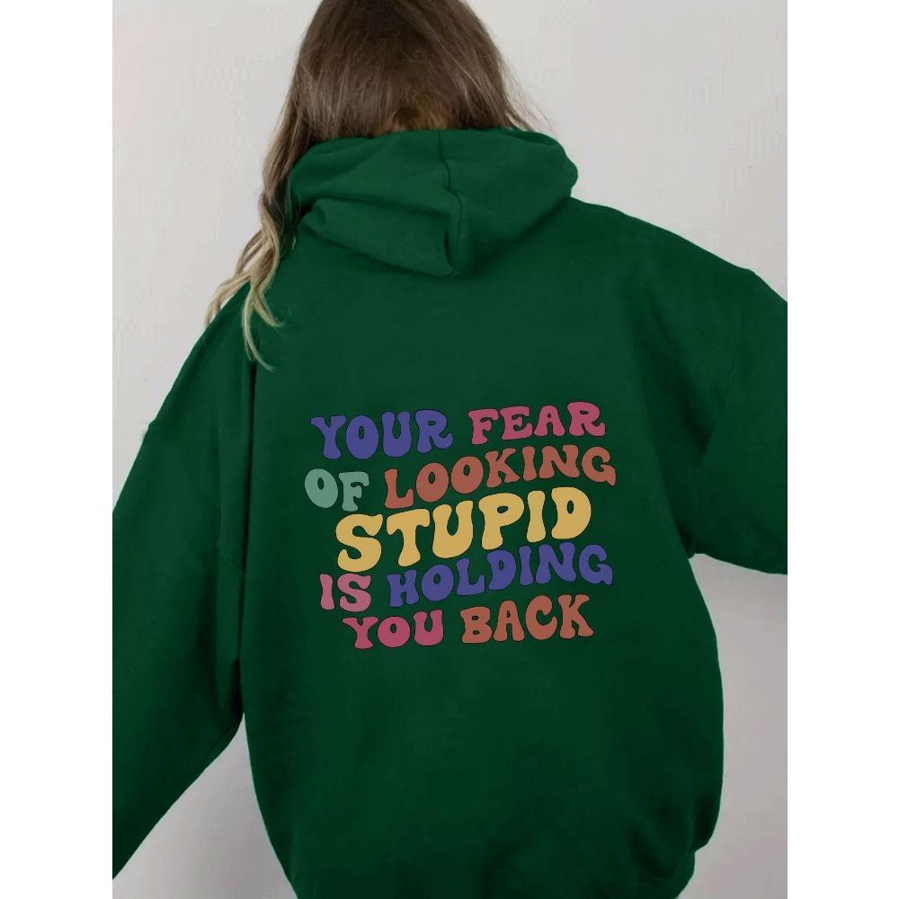 Women'S Shoulder Sleeve Fleece Sweater Plain Letter Print Kangaroo Pocket Drawstring Print Hoodie Clothing