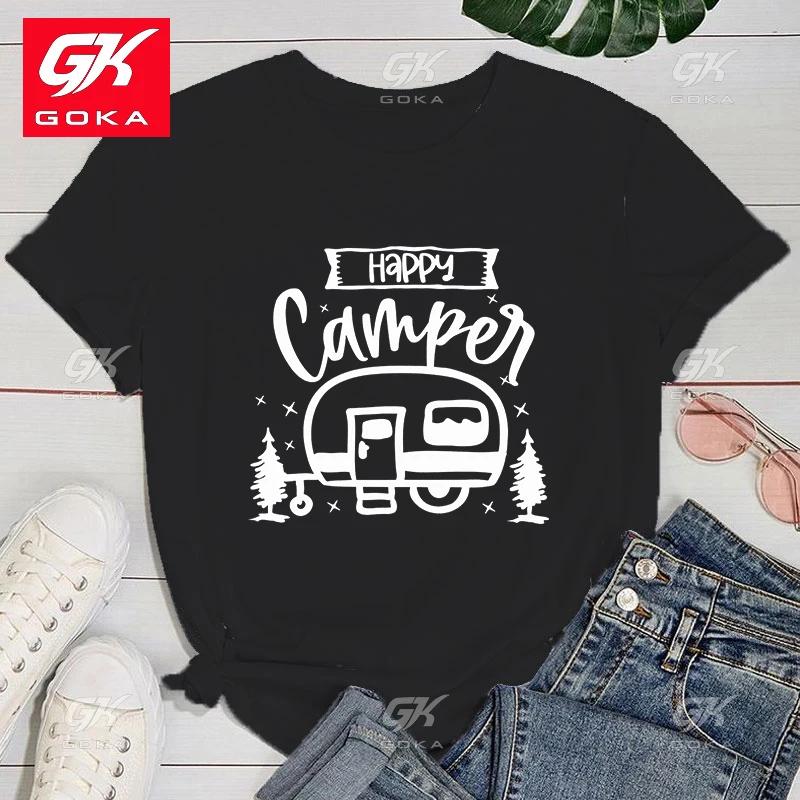 

Premium Cotton T Shirt Fashion New Happy Camper T Shirts Women Cartoon Short Sleeve Streetwear Clothes Casual Tops Unisex Tees 3XL
