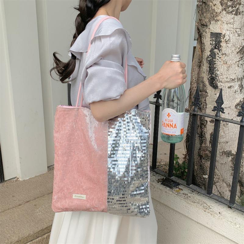 New popular glitter powder with silver sequins niche largecapacity commuting shoulder canvas bag handbag