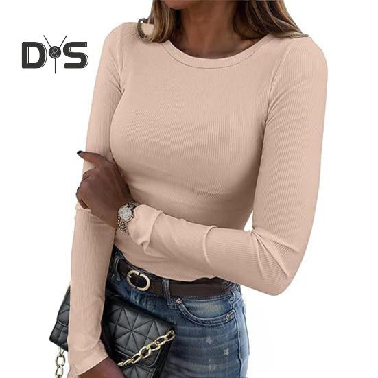 Pullover Tops Women Ribbed Long Sleeve Bottoming Top Regular Fit Lightweight Crew Neck Shirt Daily Wear