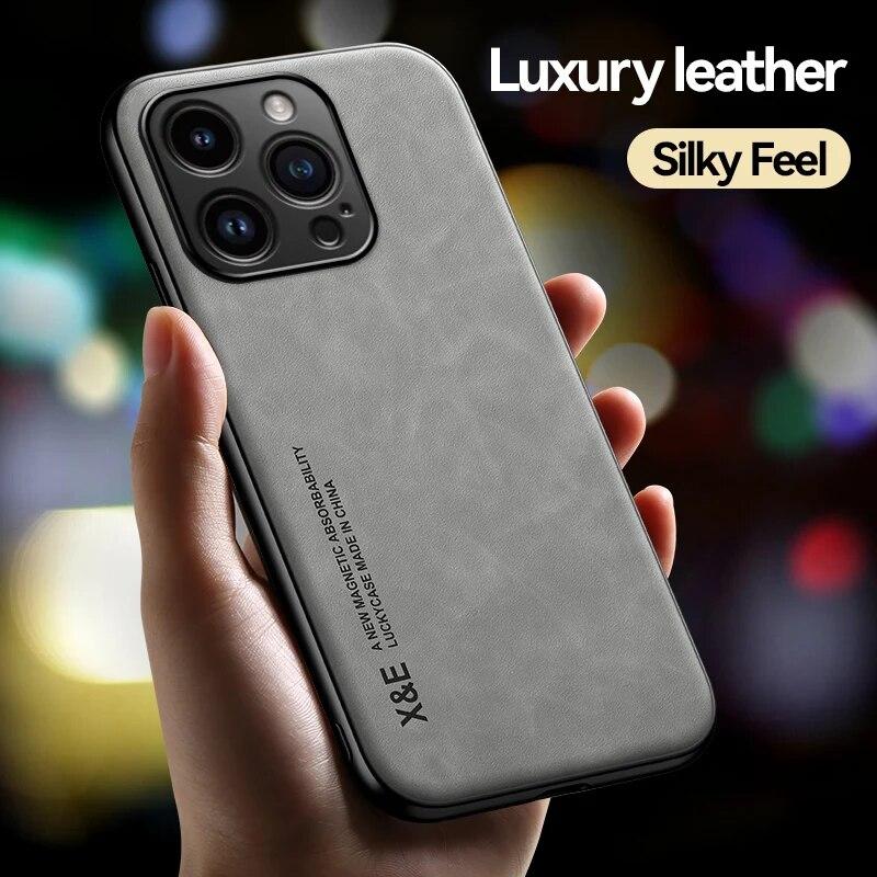 

Роскошный кожаный чехол для iPhone 15 Pro Max, чехол с металлической пластиной, автомобильный держатель для iPhone 15 Pro 15Plus, чехол