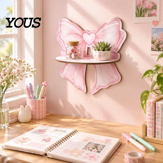 Wall Mount Organizer for Powder Room Cute Pink Bow Wooden Shelf, Shaped Display Rack, Small Floating Shelves Bedroom Storage Shelf Vanity Room,