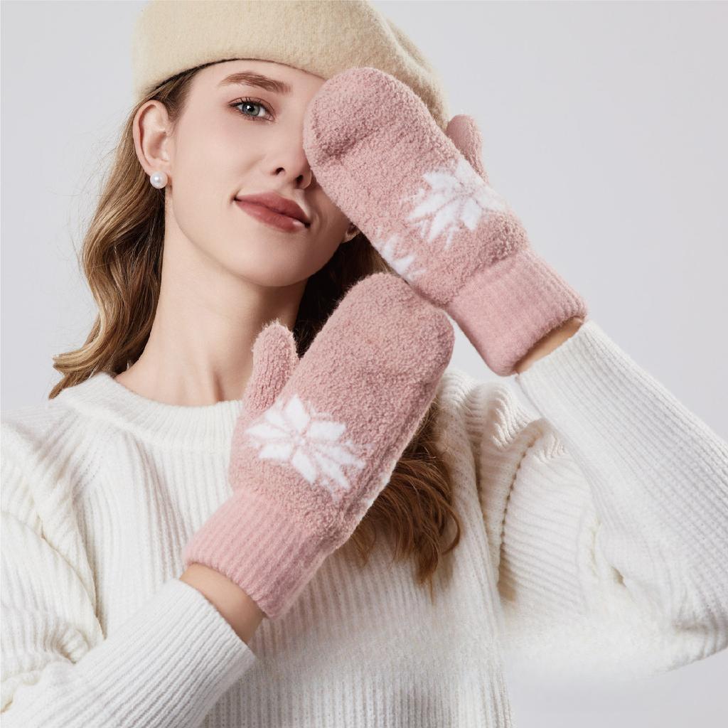 Warmth and Thick Embroidered Gloves for Women Outdoor Riding Autumn and Winter Knitted Gloves Plus Velvet Cold Proof Double Layer Finger Clad Gloves