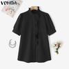 VONDA Women Ruffled Stand Neck Short Sleeve Buttons Up Casual Blouse