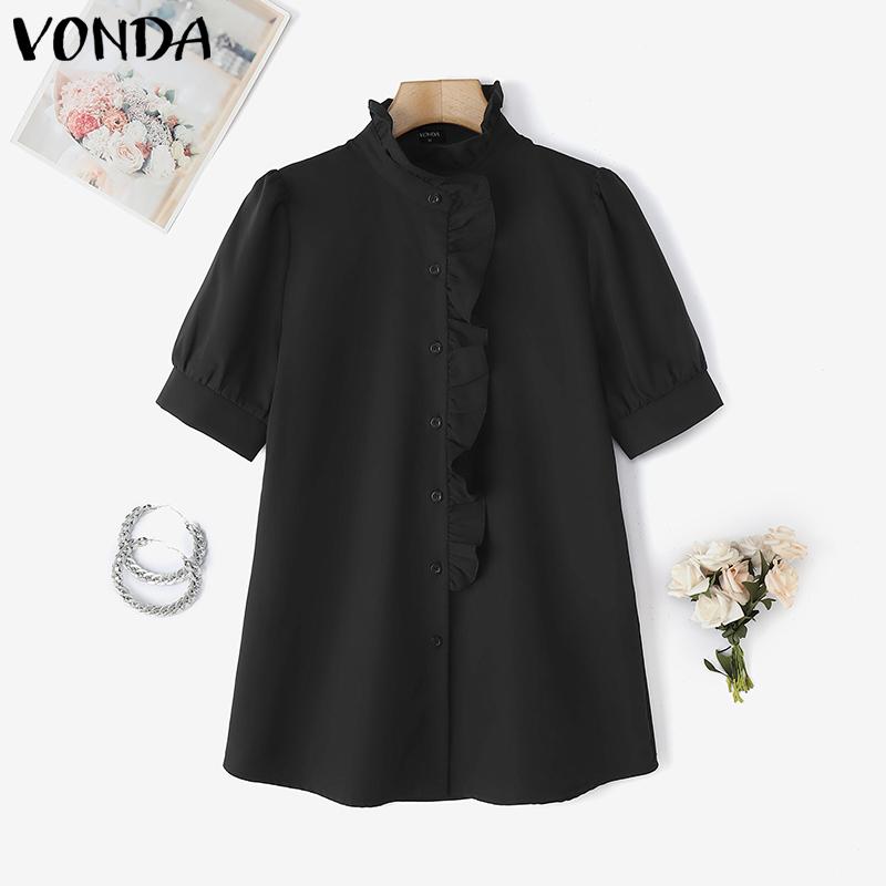 VONDA Women Ruffled Stand Neck Short Sleeve Buttons Up Casual Blouse