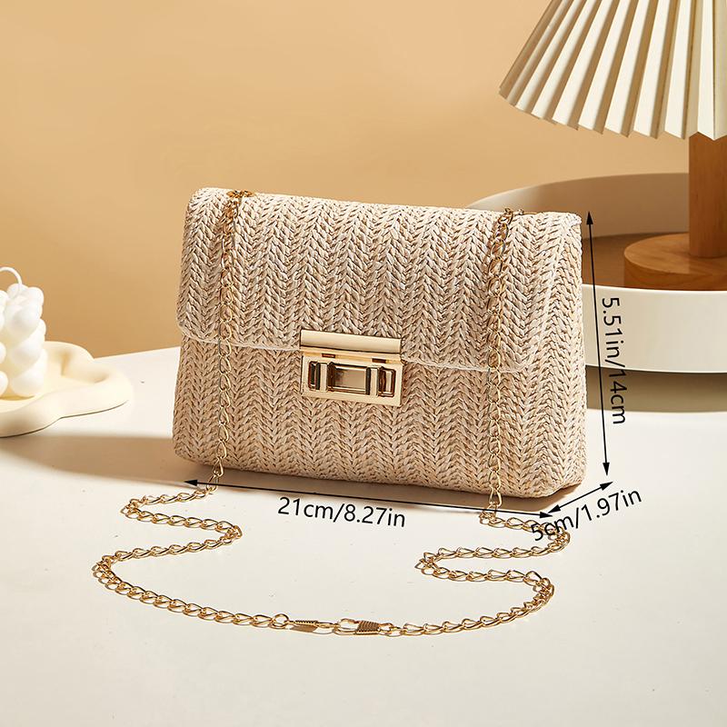 Straw Women Chain Shoulder Bag Woven High Capacity Buckle Closure Clutch Handmade Crossbody Bag Women