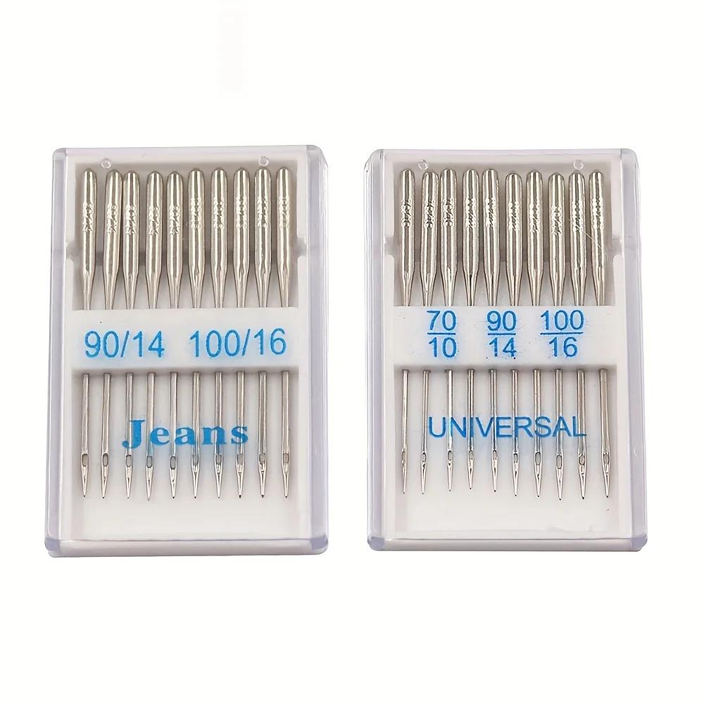

Universal needle set for sewing machines, 20 pieces, 70/10, 90/14, 100/16, assorted sizes for silk, cotton, denim, and multi-fab L