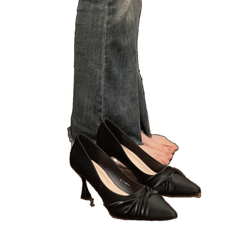 Französisches Abendbrise-Temperament Pendler High Heels neu weiches Leder spitze Zehenpartie flacher Ausschnitt keine müden Füße scheuern nicht Arbeitsschuhe