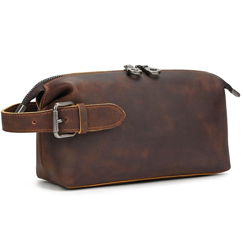 Vintage Men's Genuine Leather Clutch Bag Brown Cow Leather Storage Bag Travel Toiletry Kits Wash Bag Genuine Leather Men Women