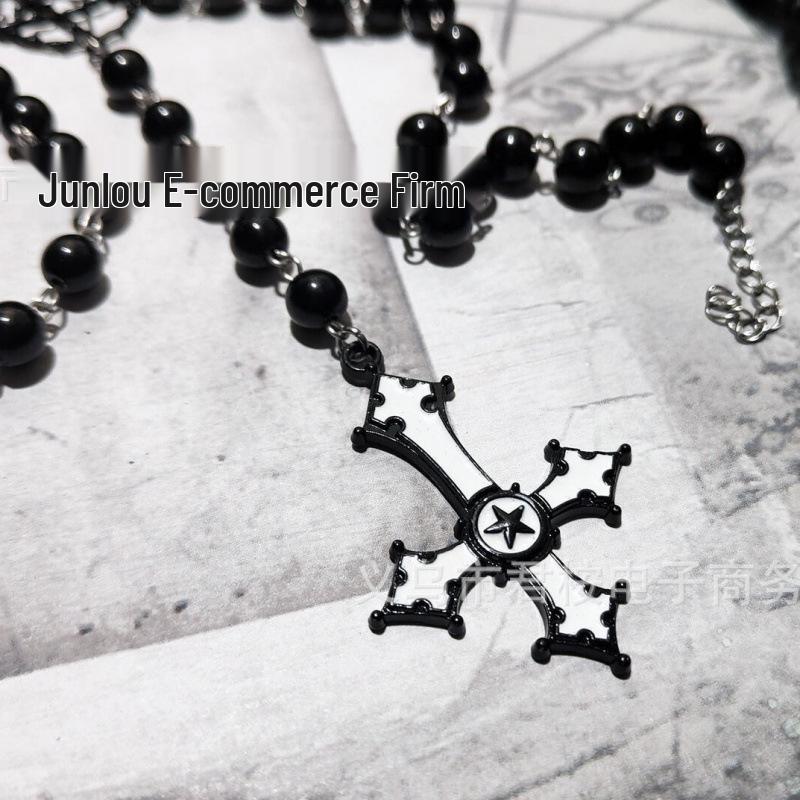 Victorian Gothic Inverted Cross & Pentagram Bead Necklace