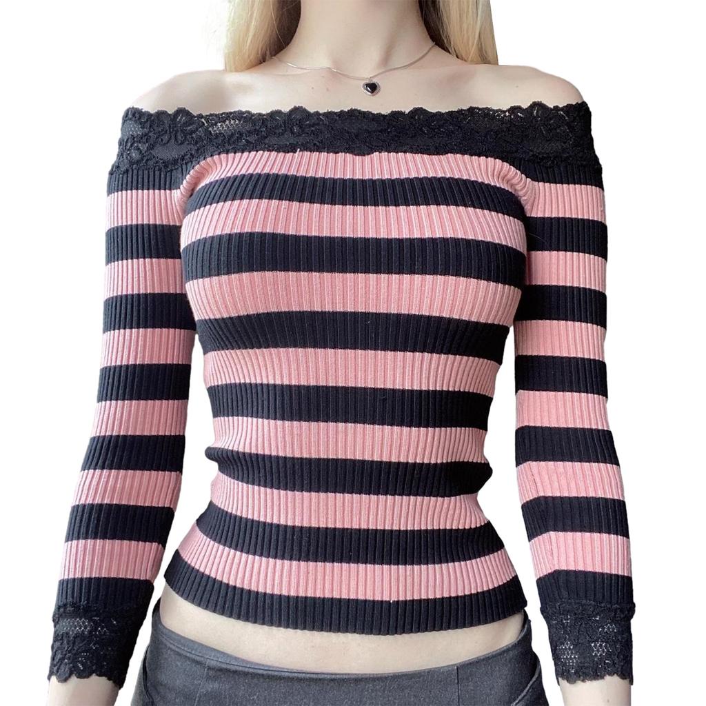 Women Long Sleeve Shirt Striped Off-Shoulder Tops Casual Pullover for Fall Club Streetwear Aesthetic Clothes