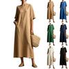 Women Loose Fit Straight Cut Casual Midi Dress Round Neck Short Sleeve Drop Shoulder Pockets