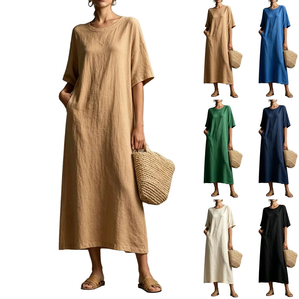 Women Loose Fit Straight Cut Casual Midi Dress Round Neck Short Sleeve Drop Shoulder Pockets