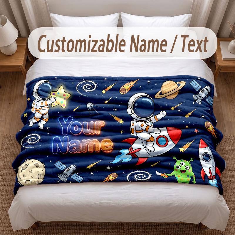 Astronaut Space Theme Soft Blanket Personalized Custom Name Text Print Warm Blanket Home Sofa Bedroom Decor
