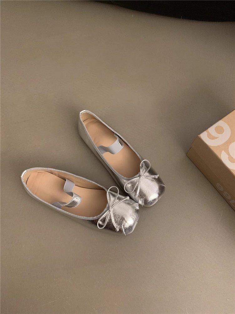 

New Chinese French bow silver Mary Jane single shoes flat shoes ballet shoes spring and summer evening breeze gentle women s shoes 39