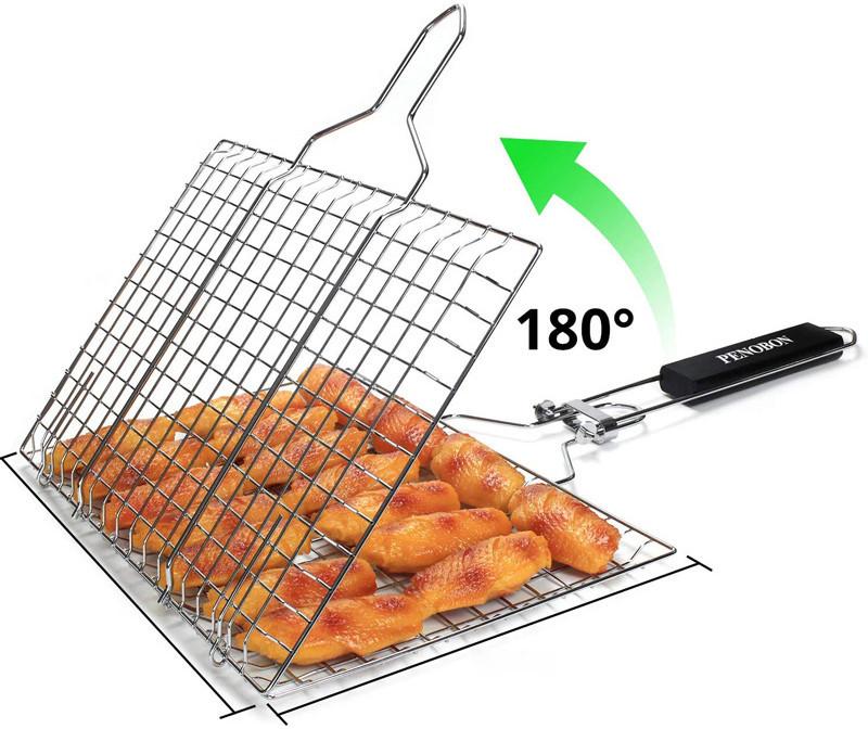 Durable Square Shape Bbq Grilling Basket Stainless Steel Mesh With Oil Brush