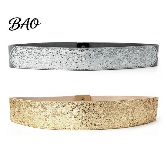 Fashion Waist Accessory for Dresses Stretchy Sequined Belt, Women Sparkly Wide Retro Dress Evening Party Snap Buttons, Glittery Elastic Band