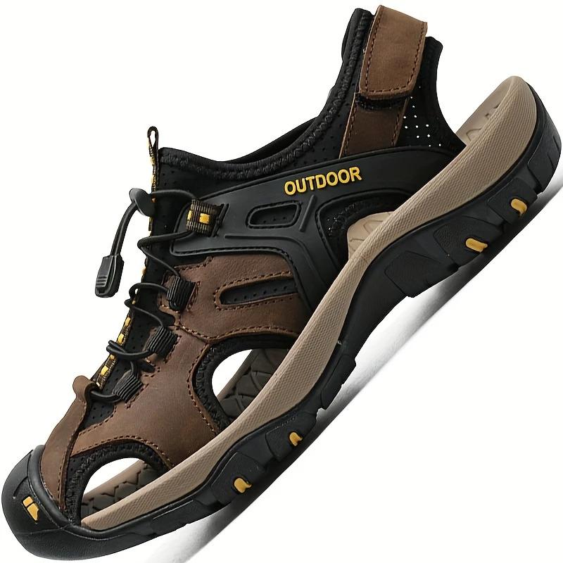 Outdoor Adventures, Men'S Breathable Hiking Sandals - Closed Toe, Fisherman Style, Black with Brown & Grey Accents