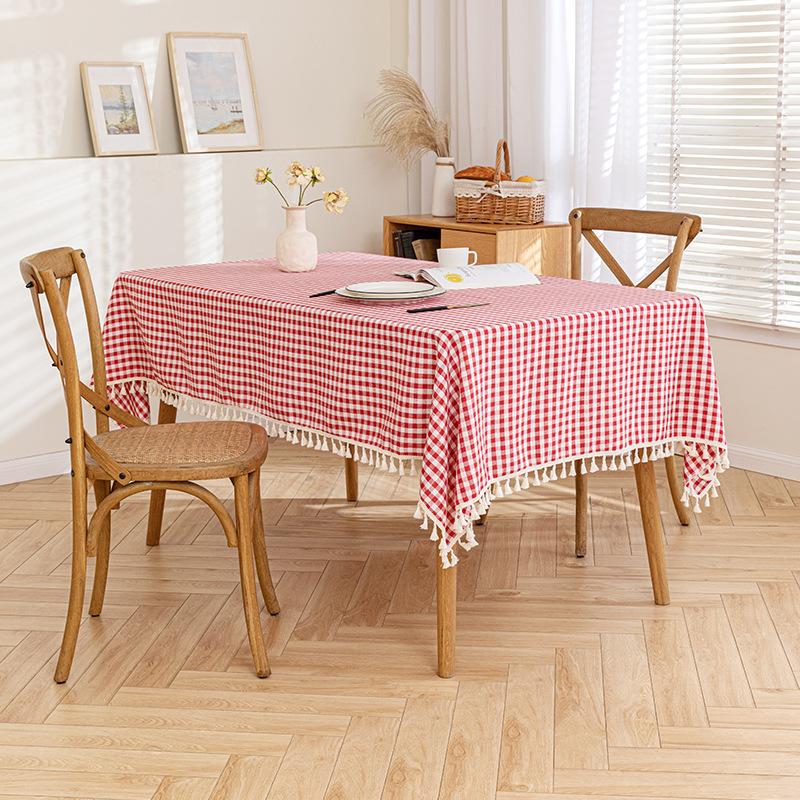 Inyahome Vintage Gingham Checkered Plaid Tablecloth With Tassel Table Cover Cotton Linen Tablecloths For Dinner Party Indoor Use