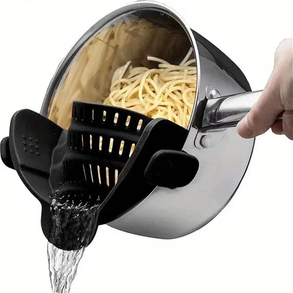 

1pc Adjustable Silicone Clip-On Strainer for Pots, Pans, and Bowls - Handheld Drainer for Noodles, Pasta чорний