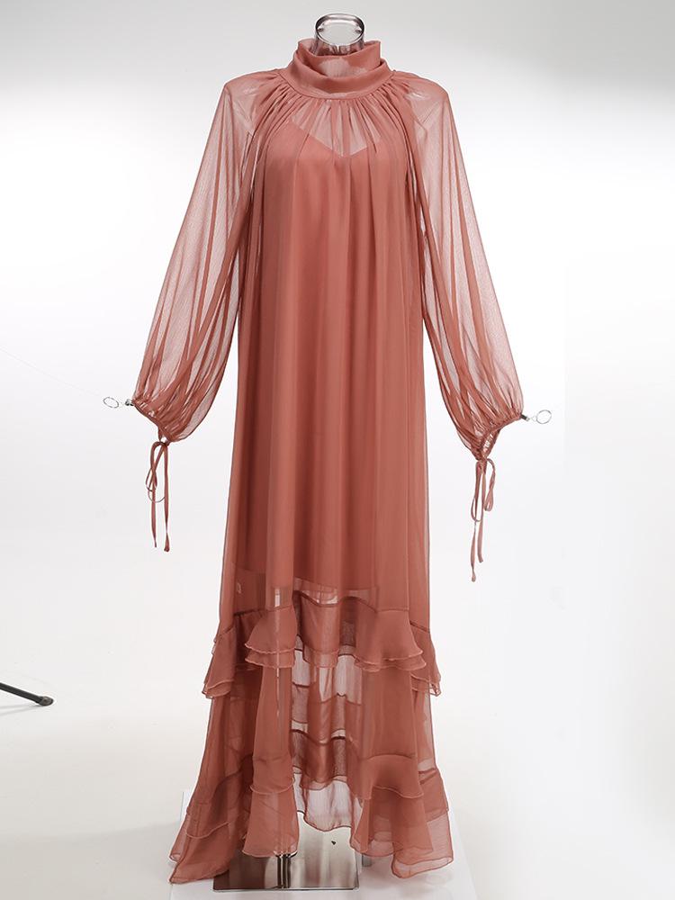 European & American Women s Sexy See-through Pleated Long-Sleeve Ruffle Evening Gown L