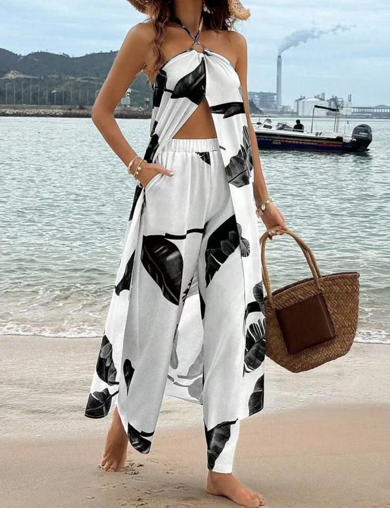 Cross-border Amazon 2025 Summer New Printed Sexy Long Halter-neck Top Set Casual Straight-Leg Pants