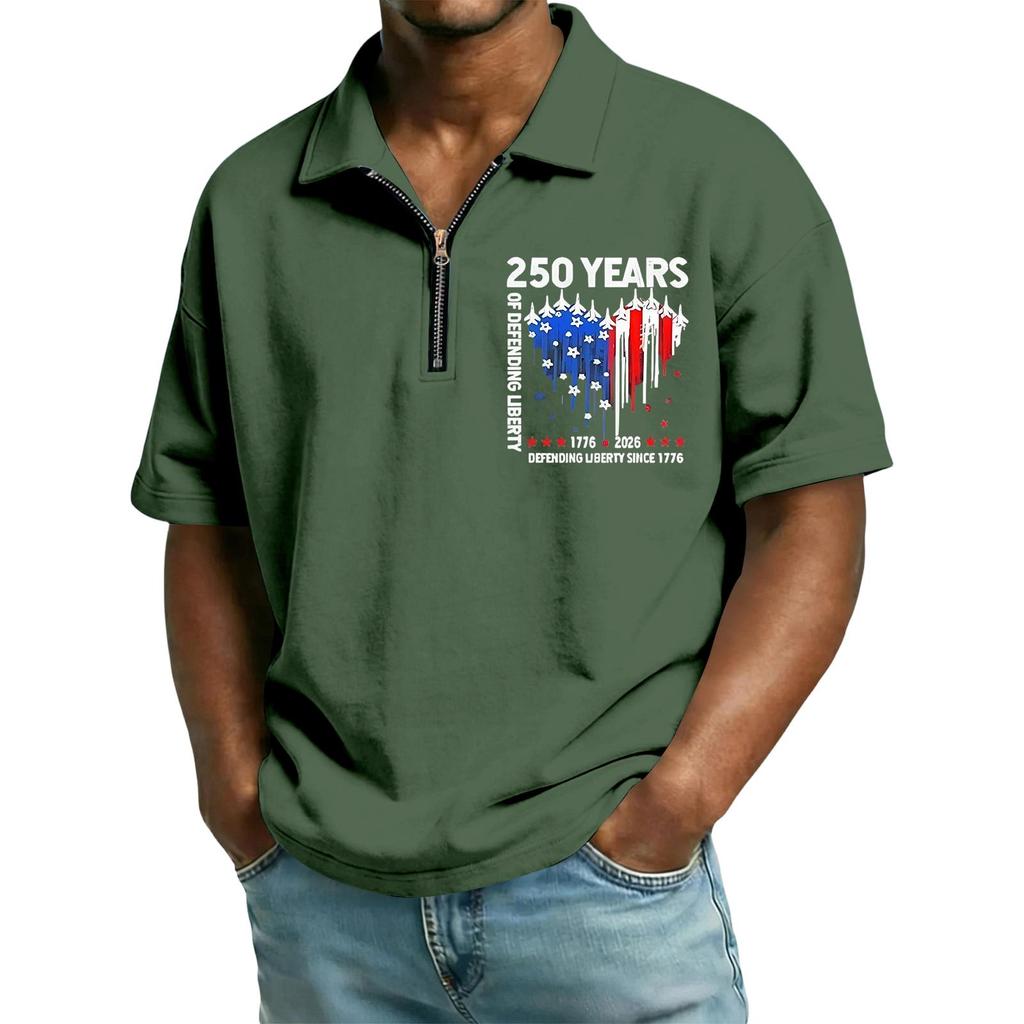 Men's Casual Loose Fit Polo Shirt Short Sleeve Top with Flag and Letter Print Suitable for Everyday Wear and Outdoor Activities