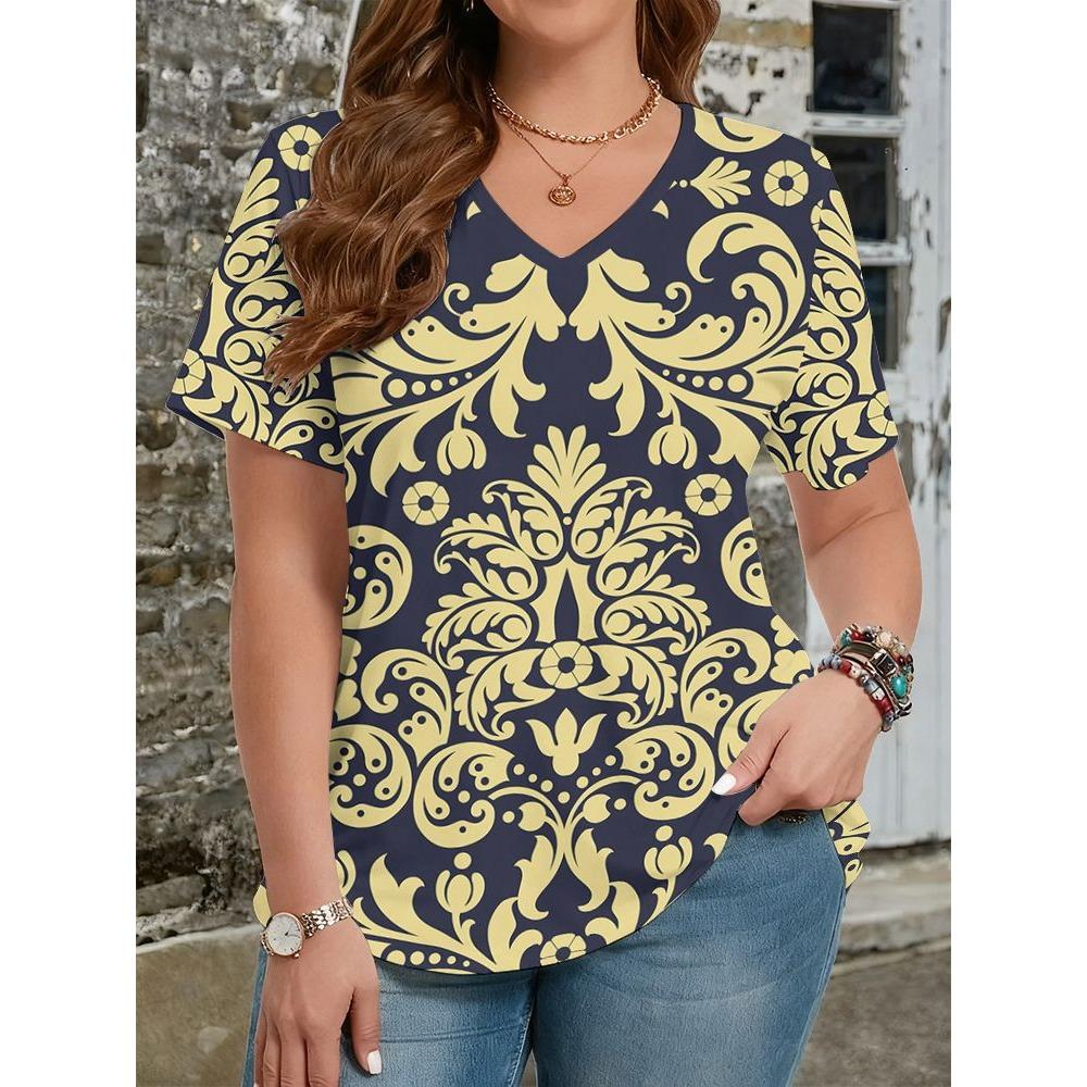 Summer Ethnic Style Floral 3D Print T-Shirts Women's V-Neck Short Sleeve T Shirt Y2k Harajuku Tees Casual Tops Female Clothing