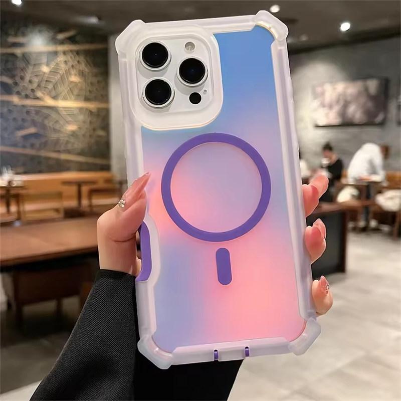 Luxury Magsafe Laser Dazzling Armor Case For iPhone 16 15 14 13 Pro Max Plus Samsung S22 23 24 25 Ultra Wireless Charging Dual Layer Protection Cover