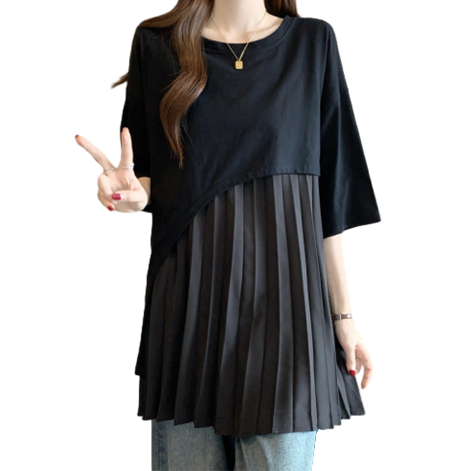 

JoccKorr Женская футболка с коротким рукавом, круглым вырезом, плиссированная, свободного кроя, повседневная, офисная, блузка, воротник, топ, пэчворк, милая, мягкая, по фигуре, стройнящая, дышащая, чёрный