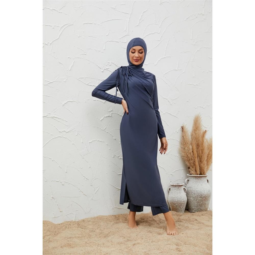 Damen 3-teiliger bescheidener Burkini Badeanzug in Marineblau mit Hijab, durchgehend langärmeliges Badekleid & Hose mit hohem Bund