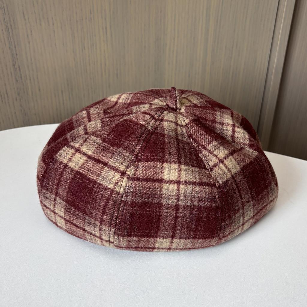 Retro Plaid Octagonal Hat Ladies British Versatile Painter Hat Show Face Small Warm Beret