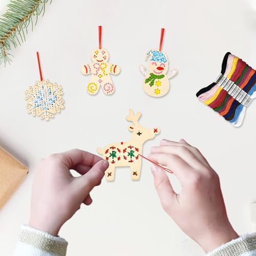 PIujsym Christmas Cross Stitch Kit for Kids - 12 Wooden Ornaments Embroidery Set with Thread, Needles & Ribbons, Creative DIY Craft Sewing Kit