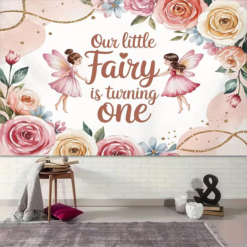 2D Fairy Themed 1st Birthday Backdrop Watercolor Flower Photo Background Banner for Party